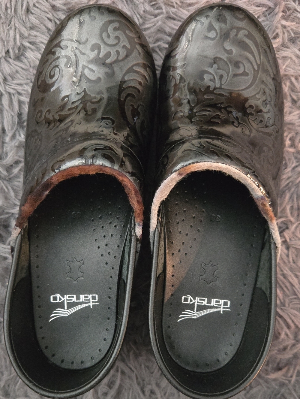Dansko Black Patent Black/Silver Floral Women's Slip-On Clogs